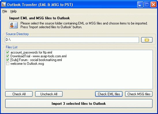 The main window of Outlook Transfer allows users to choose the source folder in order to choose and transfer the EML and MSG files.