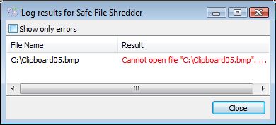 Safe File Shredder error log window