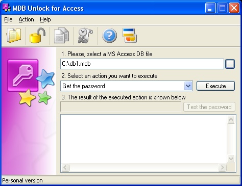 The main window of MDB password recovery software. MDB file selection.